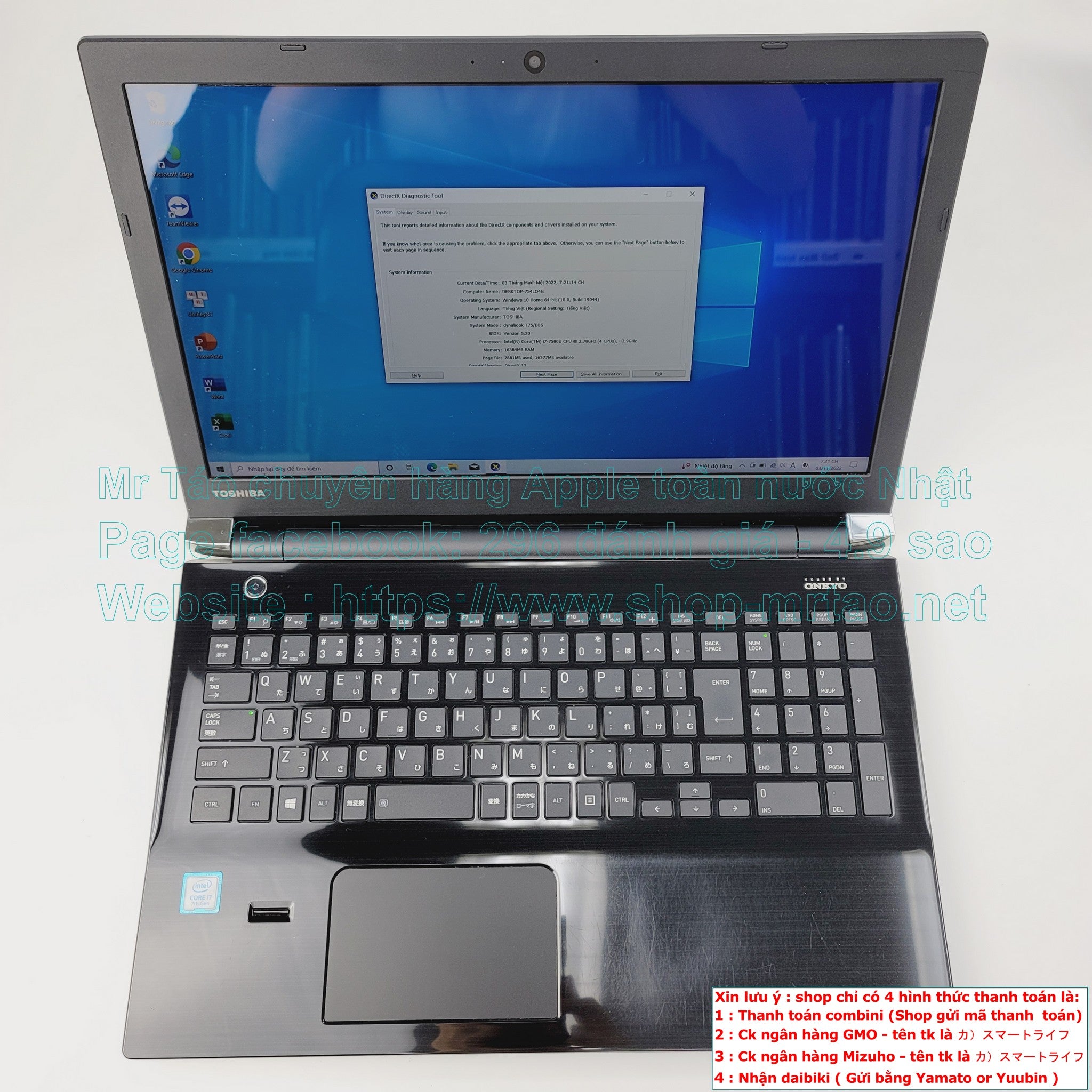 Toshiba Dynabook T75/DBS màu Black 15.6inch Core i7 7500U Ram 16GB